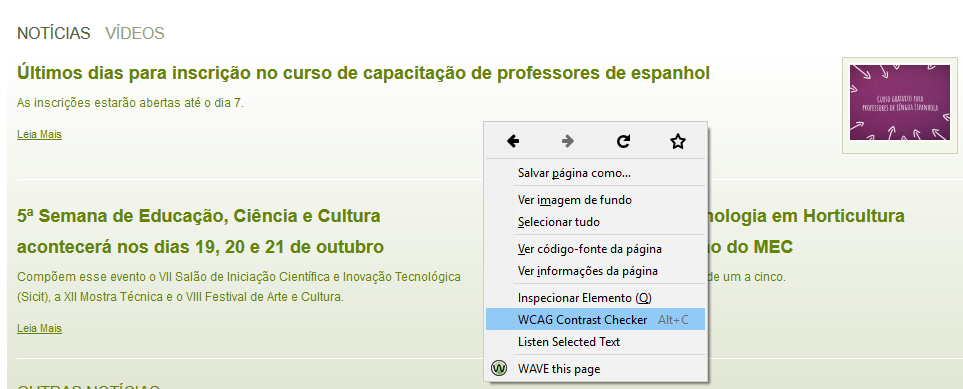Botão direito pressionado com a opção WCAG Contrast Checker selecionada