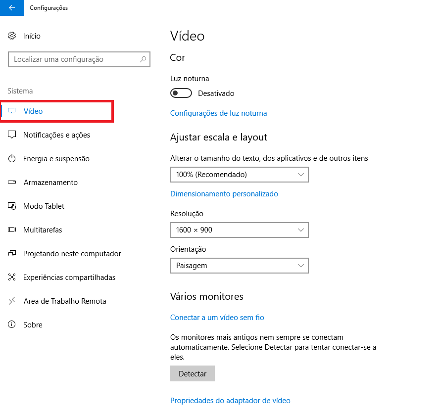 Janela de configura&ccedil;&atilde;o do sistema, aba v&iacute;deo. 