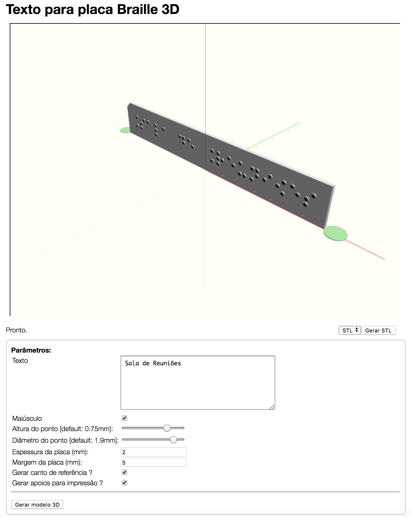 Interface da ferramenta contendo o campo para inserir o texto, os par&acirc;metros para impress&atilde;o da placa e a &aacute;rea onde a placa &eacute; gerada 