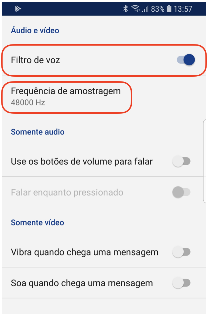 tela de configura&ccedil;&otilde;es mostrando o filtro de voz ativado e a frequ&ecirc;ncia de 48000 Hertz selecionada