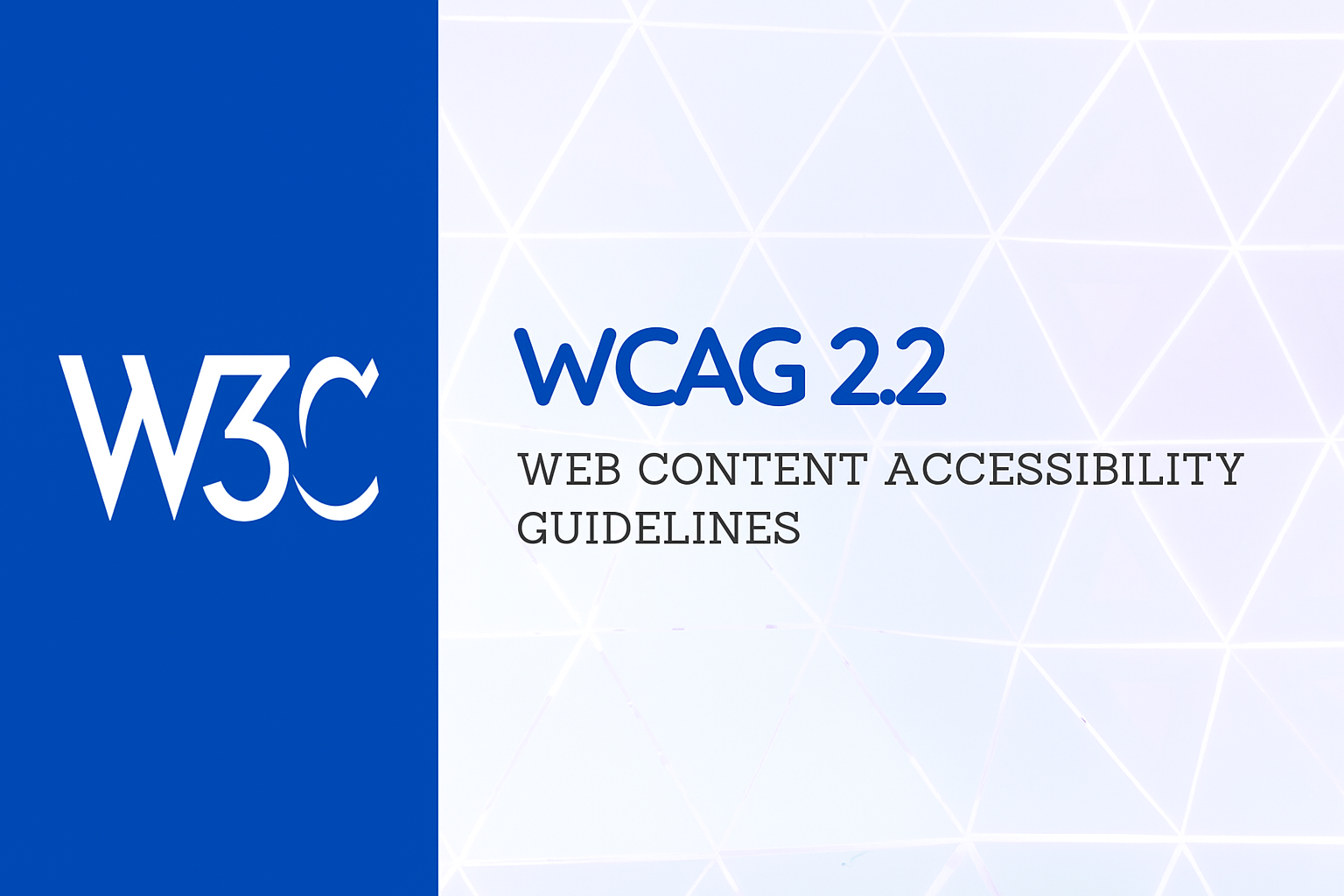 Logo W3C &agrave; esquerda e texto &ldquo;WCAG 2.2 Web Content Accessibility Guidelines&rdquo; sobre fundo geom&eacute;trico claro &agrave; direita.