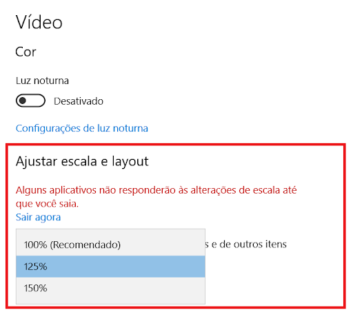 Janela de configura&ccedil;&atilde;o do sistema, aba v&iacute;deo, op&ccedil;&otilde;es de ajuste de escala e layout (100%, 125% e 150%)