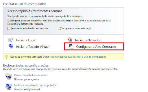 Janela da Central de facilidades de acesso, op&ccedil;&atilde;o Configurar Alto Contraste selecionada. 