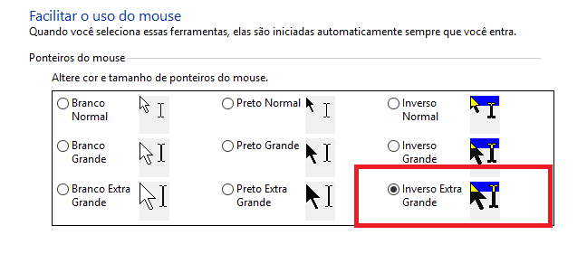Se&ccedil;&atilde;o facilitar o uso do Mouse, op&ccedil;&atilde;o Inverso Extra Grande selecionada. 