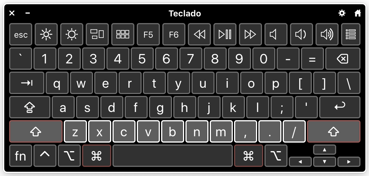 teclado virtual com teclas em preto, sendo que a &uacute;ltima linha de teclas de letras est&aacute; marcada em branco