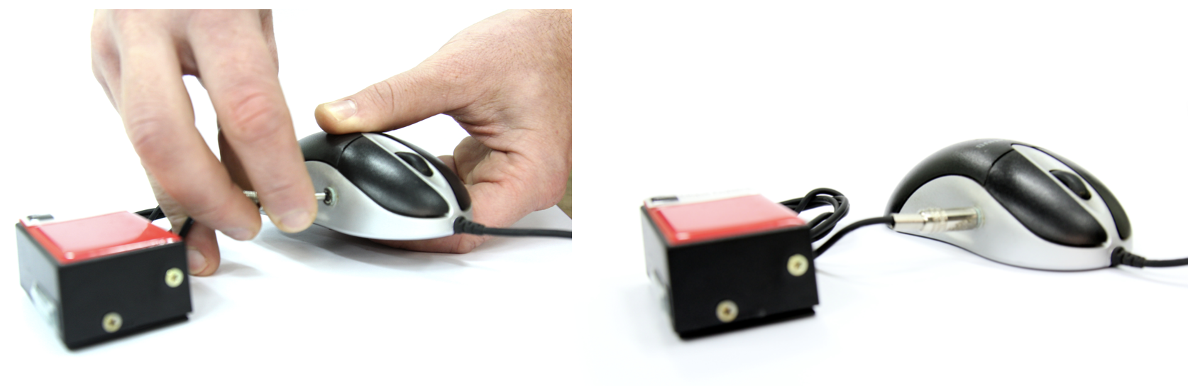 um mouse convencional com uma entrada lateral na qual est&aacute; sendo plugado um acionador