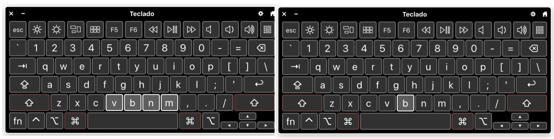 Captura de tela do teclado virtual com as teclas v, b, n, m marcadas em branco e, ao lado, o teclado virtual somente com a tecla b marcada em branco