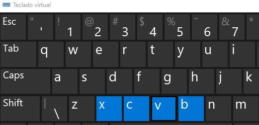 teclado virtual com teclas em preto e teclas x, c, v, b marcadas em azul e a letra v com uma borda preta