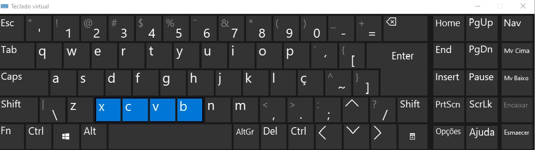 teclado virtual com teclas em preto e teclas x, c, v, b marcadas em azul