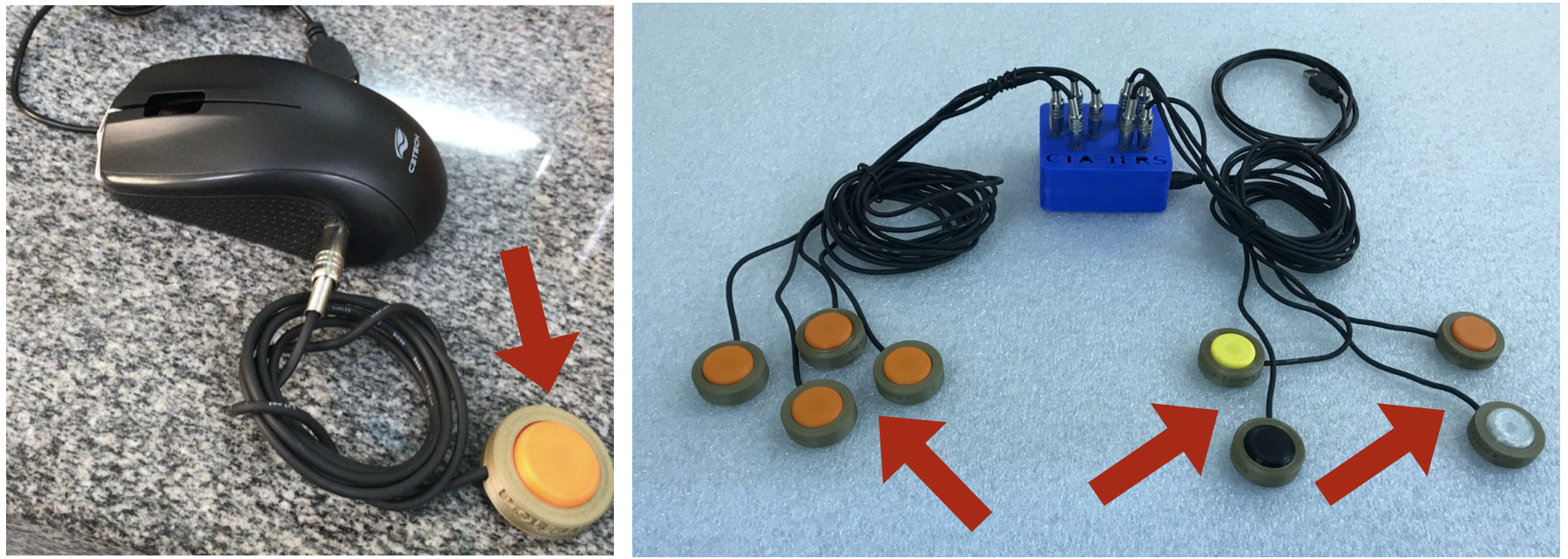 fotos mostrando um acionador pequeno redondo conectado a um mouse adaptado e na outra v&aacute;rios desses acionadores conectados a outro mouse