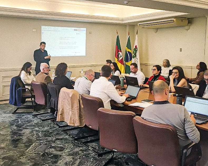 Pessoas participam de reuni&atilde;o em sala, com notebooks sobre a mesa e apresenta&ccedil;&atilde;o projetada na parede ao fundo.