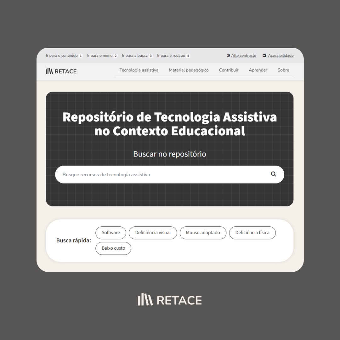 P&aacute;gina inicial do RETACE com barra de busca para recursos de tecnologia assistiva e op&ccedil;&otilde;es de busca r&aacute;pida por categorias.